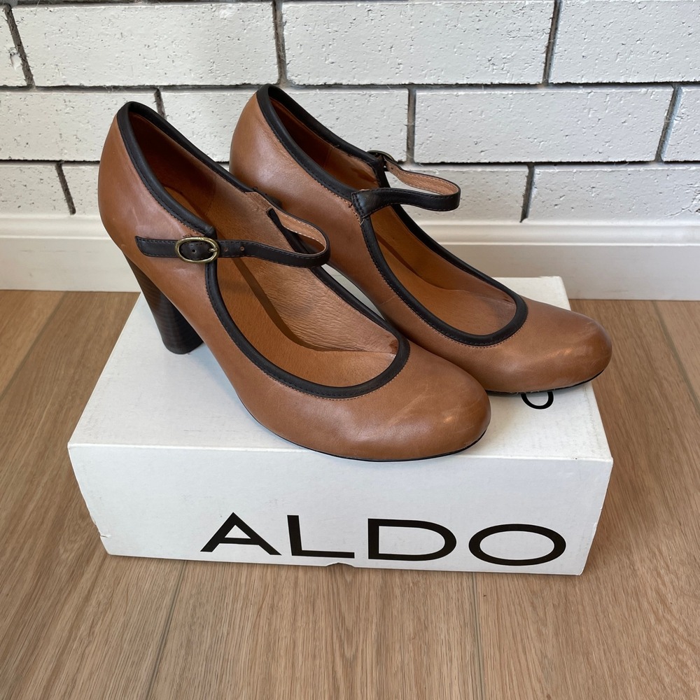 Aldo Tan Leather Mary Jane Block Heels Brown Trim Round Toe Pumps Size 40